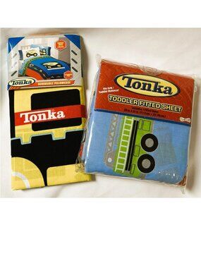TODDLER/Baby Crib bed Fitted Sheet+reversible Pillowcase~vtg TONKA Truck car~2pc